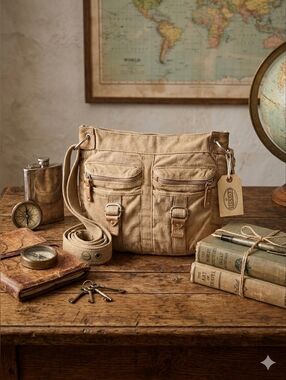 ​Fossil Modern Vintage Tan Ripstop Canvas Crossbody Bag – Floral Lining